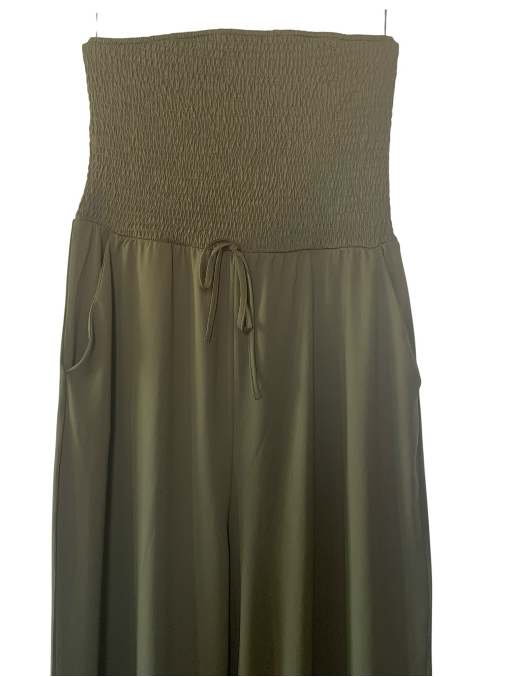 🆕 Halara Jumpsuit Shirred Knot Top Wide Leg Pant w Pockets! Event Guest Olive L - Picture 5 of 14